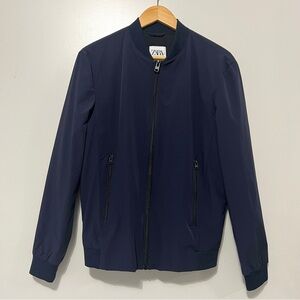 Zara Bomber Jacket Men’s Small Lightweight Navy Blue Zipper Pockets Academia